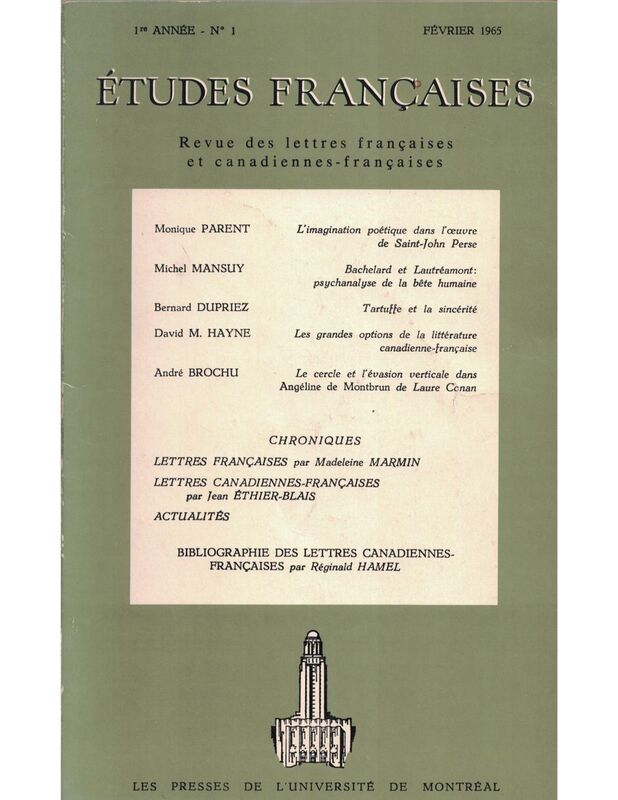 Études françaises. Volume 1 numéro 1, février 1965 Études françaises
