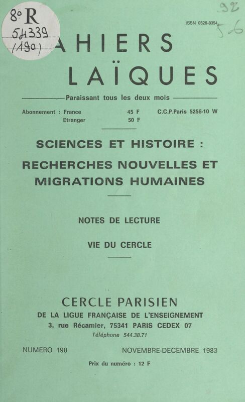 Sciences et Histoire : recherches nouvelles et migrations humaines Notes de lecture, vie du Cercle