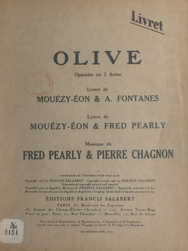 Olive Opérette en 3 actes (livret seul)