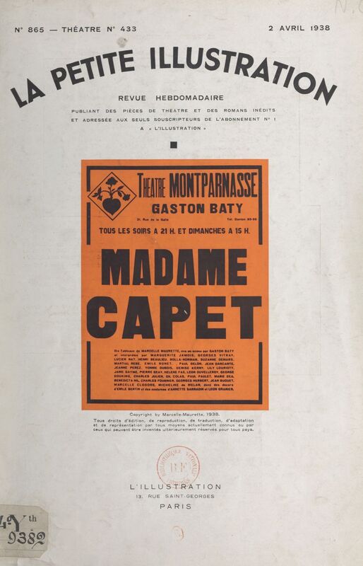 Madame Capet Pièce en trois parties et dix tableaux, représentée pour la première fois à Paris, le 21 décembre 1937 au Théâtre Montparnasse