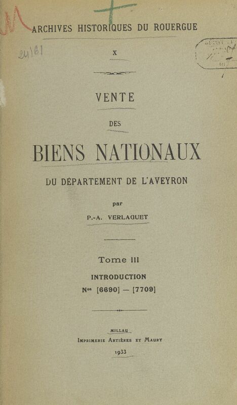 Vente des biens nationaux du département de l'Aveyron (3). Introduction, Nos 6690-7709