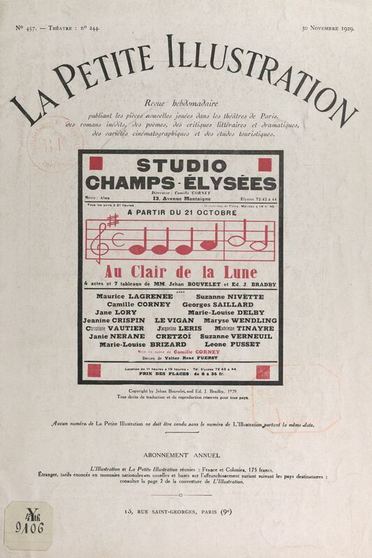 Au clair de la lune Pièce en quatre actes et sept tableaux représentée pour la première fois, le 22 octobre 1929 au Studio des Champs-Élysées