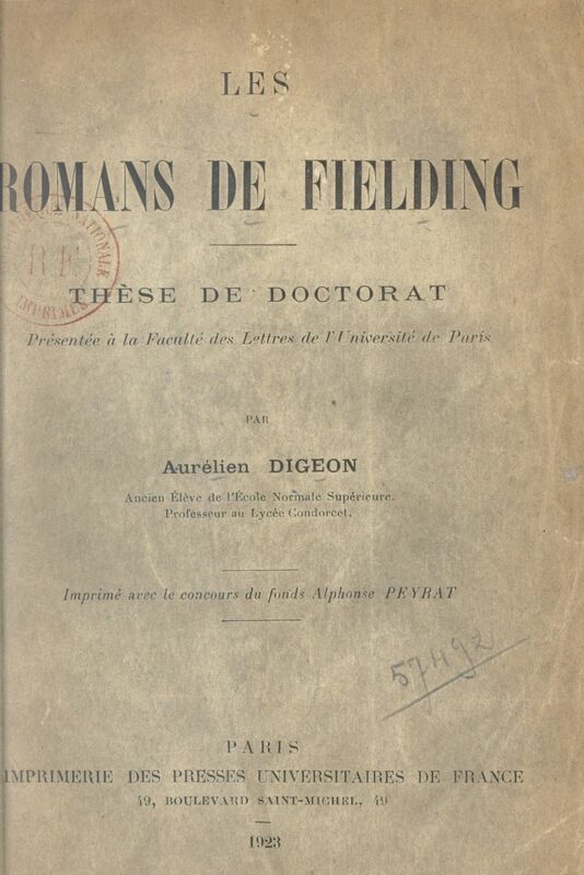 Les romans de Fielding Thèse de Doctorat présentée à la Faculté des lettres de l'Université de Paris