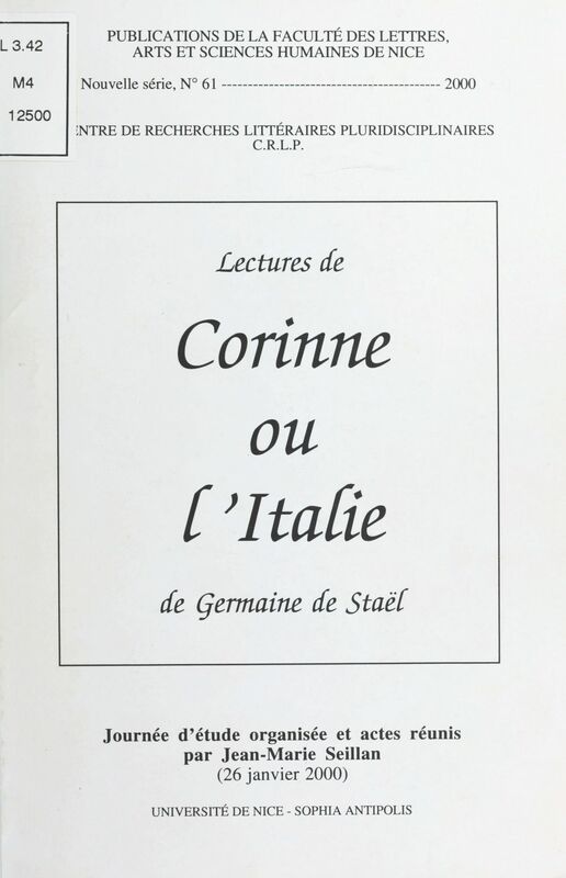 Lectures de Corinne ou l'Italie de Germaine de Staël Journée d'étude