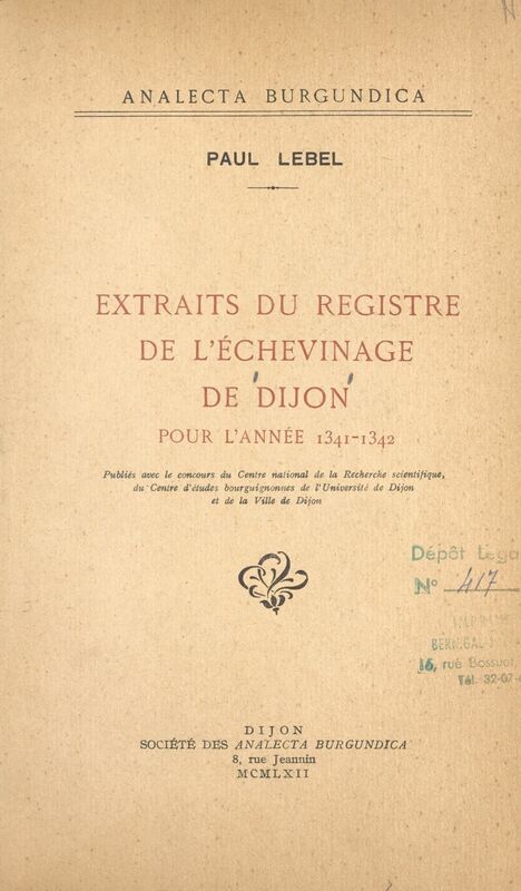 Extraits du registre de l'Échevinage de Dijon pour l'année 1341-1342