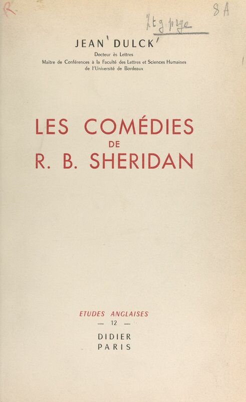 Les comédies de R. B. Sheridan Étude littéraire
