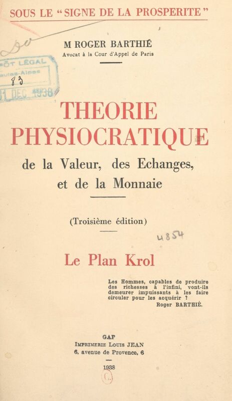Théorie physiocratique de la valeur, des échanges et de la monnaie Le plan Krol
