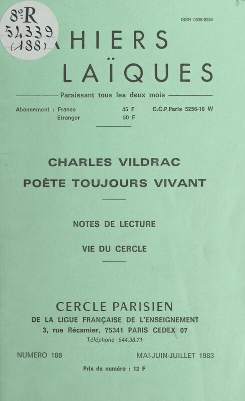 Charles Vildrac, poète toujours vivant Notes de lecture. Vie du Cercle