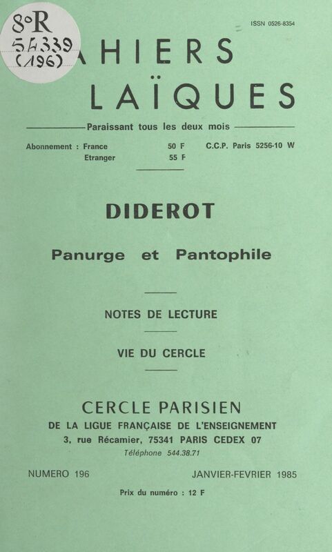Diderot, panurge et pantophile Notes de lecture. Vie du Cercle