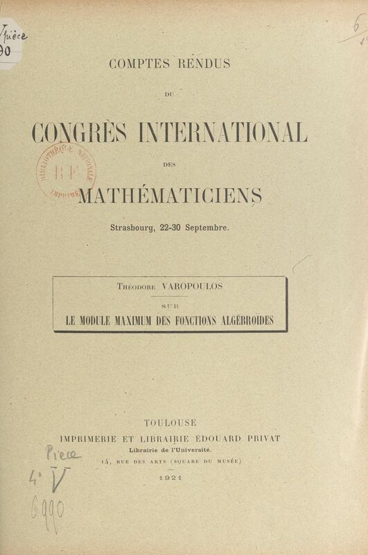Sur le module maximum des fonctions algébroïdes Comptes rendus du Congrès international des mathématiciens, Strasbourg, 22-30 septembre 1921