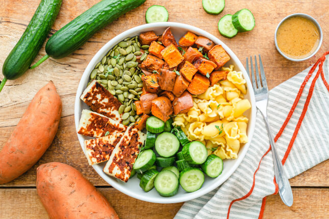 Roasted Sweet Potato & Halloumi Pasta Bowl - Lufa Farms Marketplace