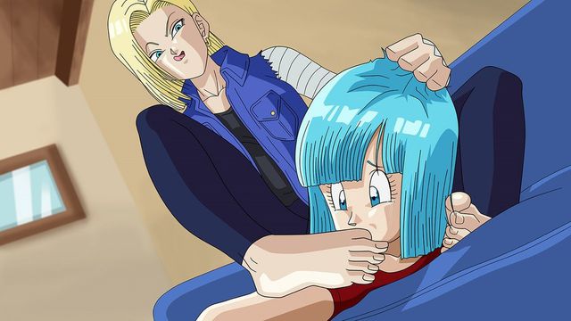 k.ty (amejin), android 18, dragon ball, dragon ball super, dragonball z,  commission, 1girl, blonde hair, blue eyes, blue nails, breasts, censored,  closed mouth, crossed arms, crossed legs, denim, earrings, feet,  flip-flops, foot
