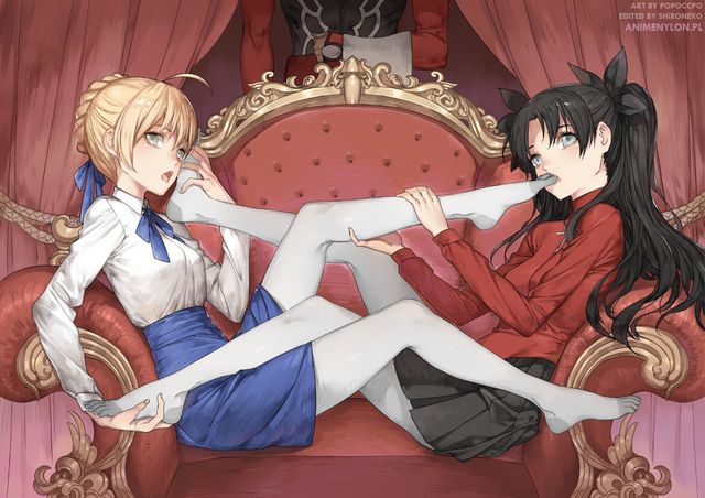 Fate Stay Night Saber Tohsaka Rin Platinum Pantyhose Tights Nylon Licking Feet Legs 2girls Anime