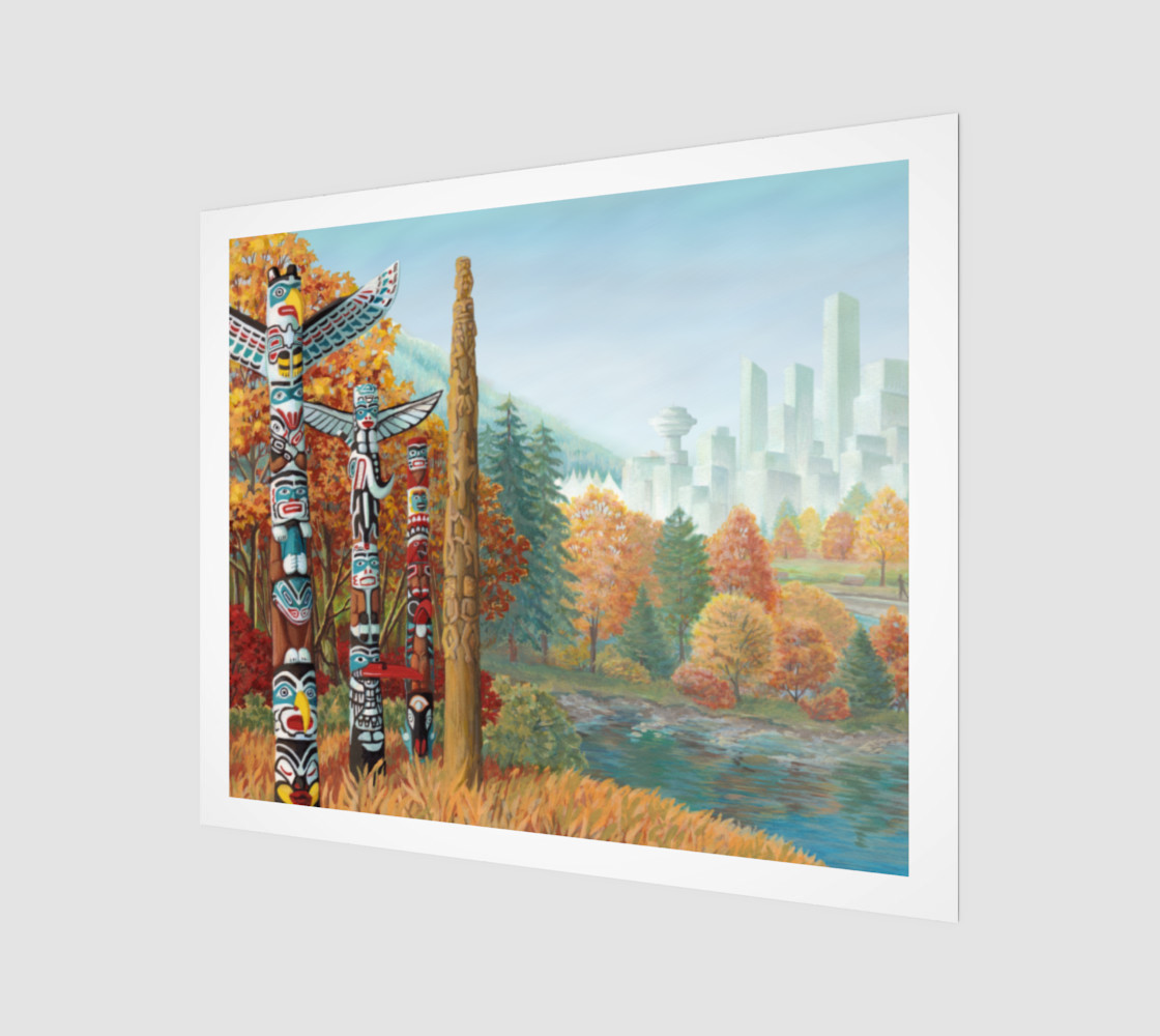 Vancouver Totem Landscape Cityscape Painting Printed on Canvas preview #1