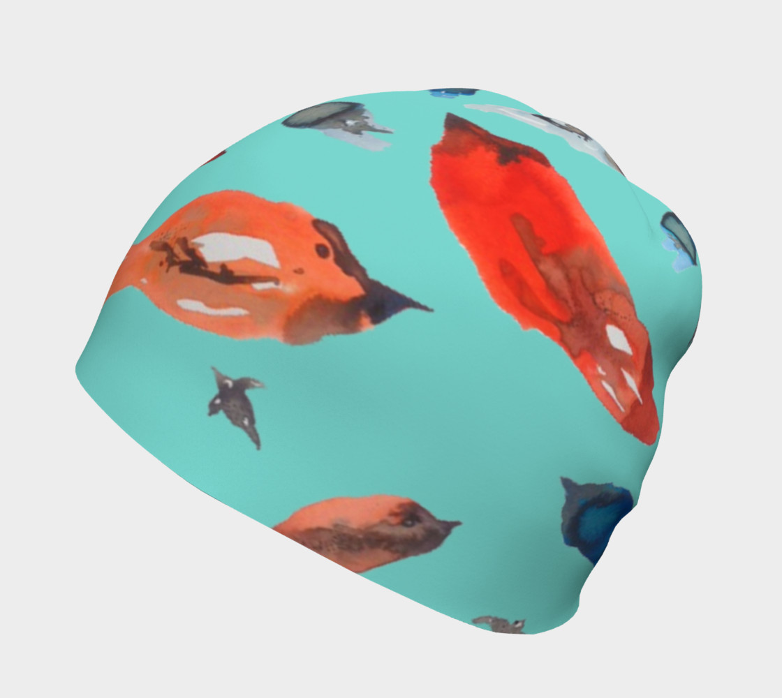 Fish-Birds on Turquoise beanie hat thumbnail #3