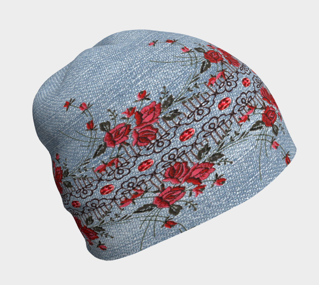 Denim With Embroidered Roses Beanie 3D preview