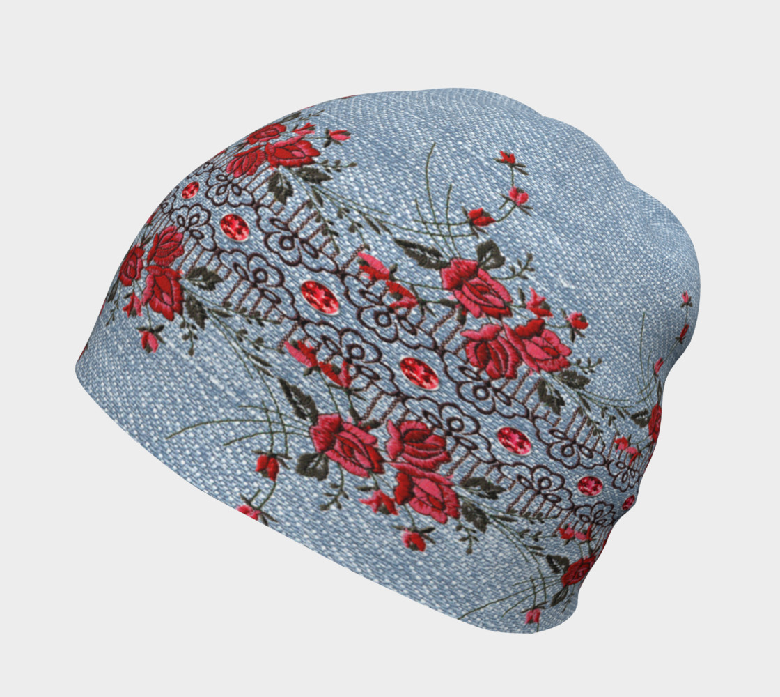 Denim With Embroidered Roses Beanie thumbnail #3