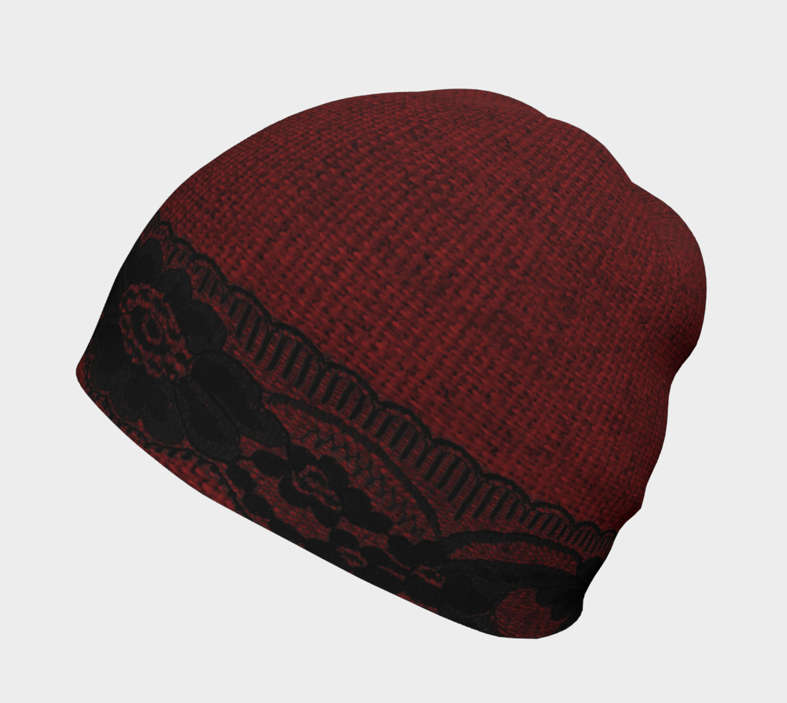 Black Lace Floral Ribbon Over Red Burlap Beanie preview #2