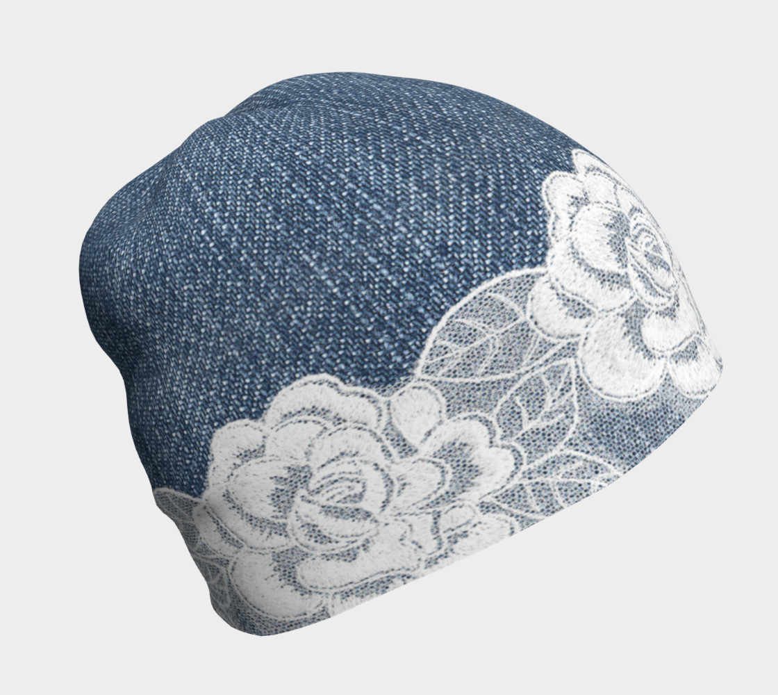 Denim With White Lace Roses Beanie   thumbnail #2