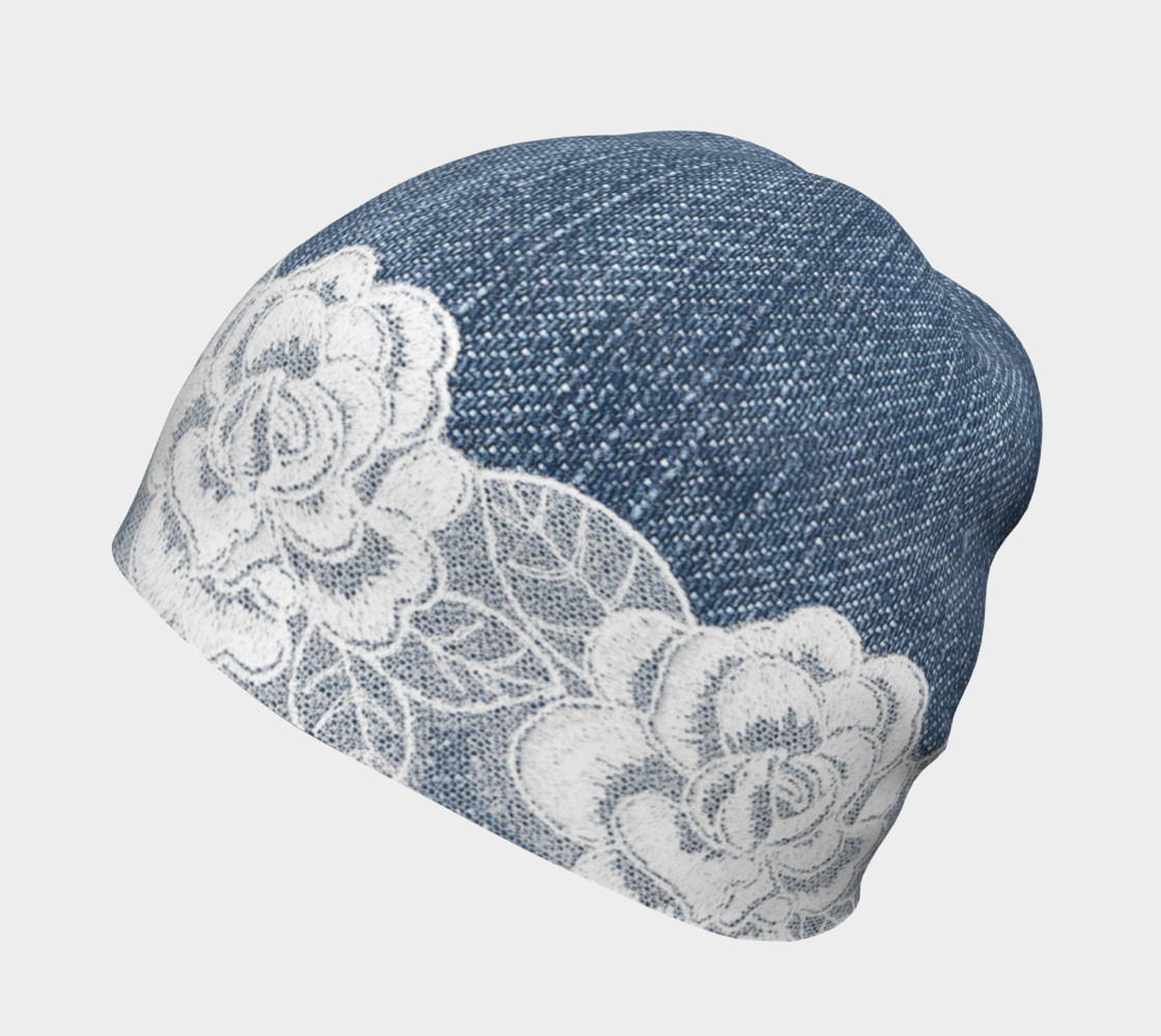 Denim With White Lace Roses Beanie   thumbnail #3