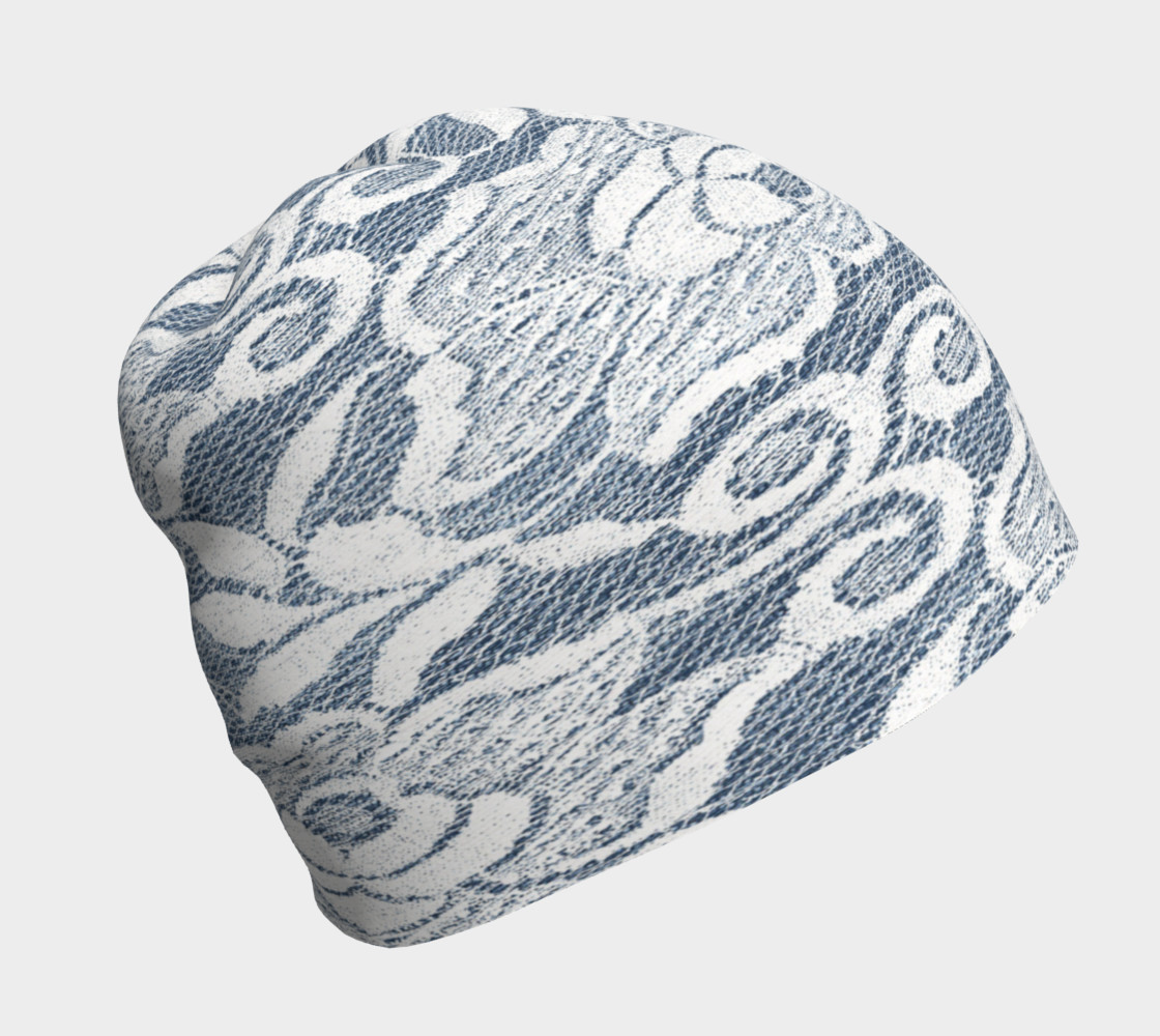 White Lace Floral Over Denim Beanie 3D preview