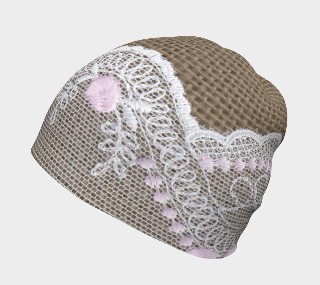 White and Pink Lace Over Burlap Beanie preview #2