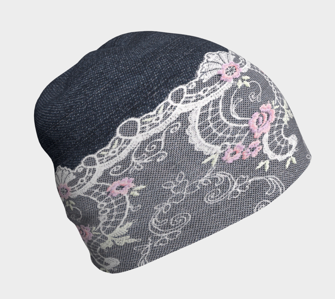 White and Pink Lace Over Denim Beanie thumbnail #2