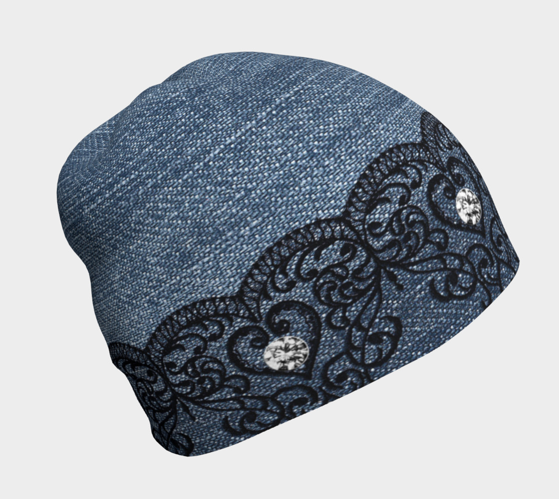 Black Lace Hearts With Diamonds Over Denim Beanie preview #1