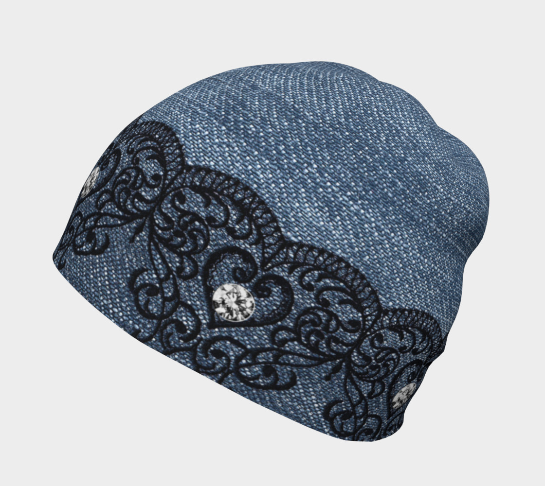 Black Lace Hearts With Diamonds Over Denim Beanie preview #2