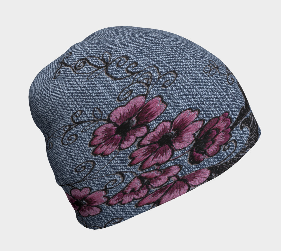 Floral Embroidered Denim Beanie 3D preview