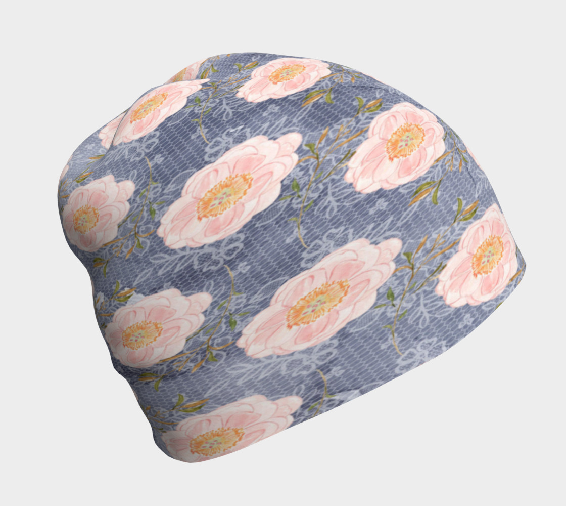 Pink Flowers On Blue Lace Beanie 3D preview