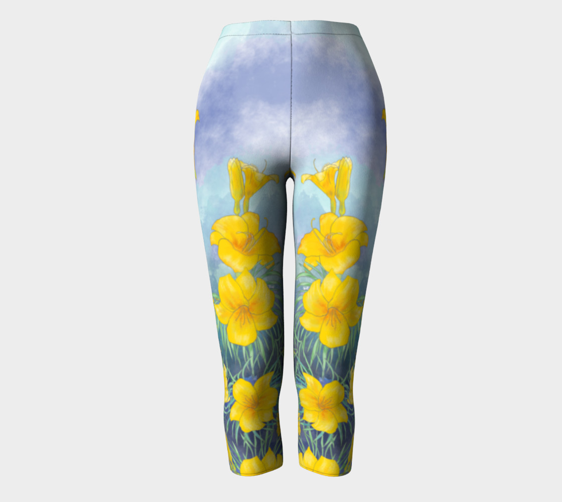Yellow day lily flowers over cloudy sky capris preview #2