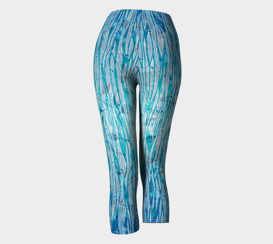 Blue Turquoise Silver Leafy Floral Capri Leggings preview #4