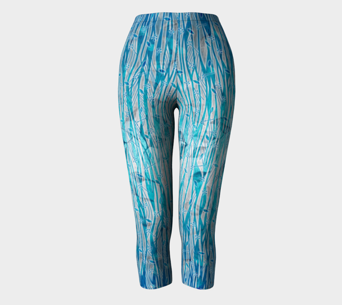 Blue Turquoise Silver Leafy Floral Capri Leggings preview #2