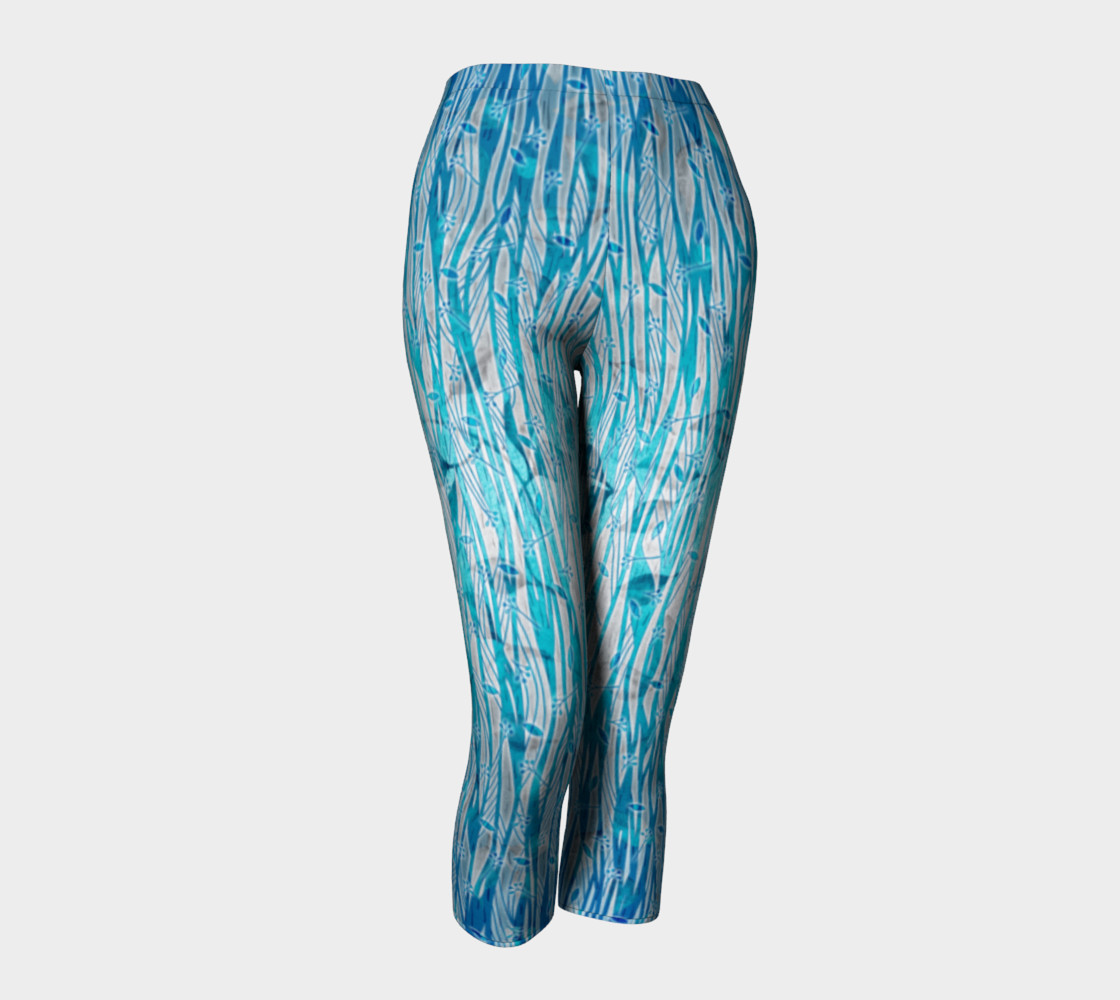 Blue Turquoise Silver Leafy Floral Capri Leggings preview #1