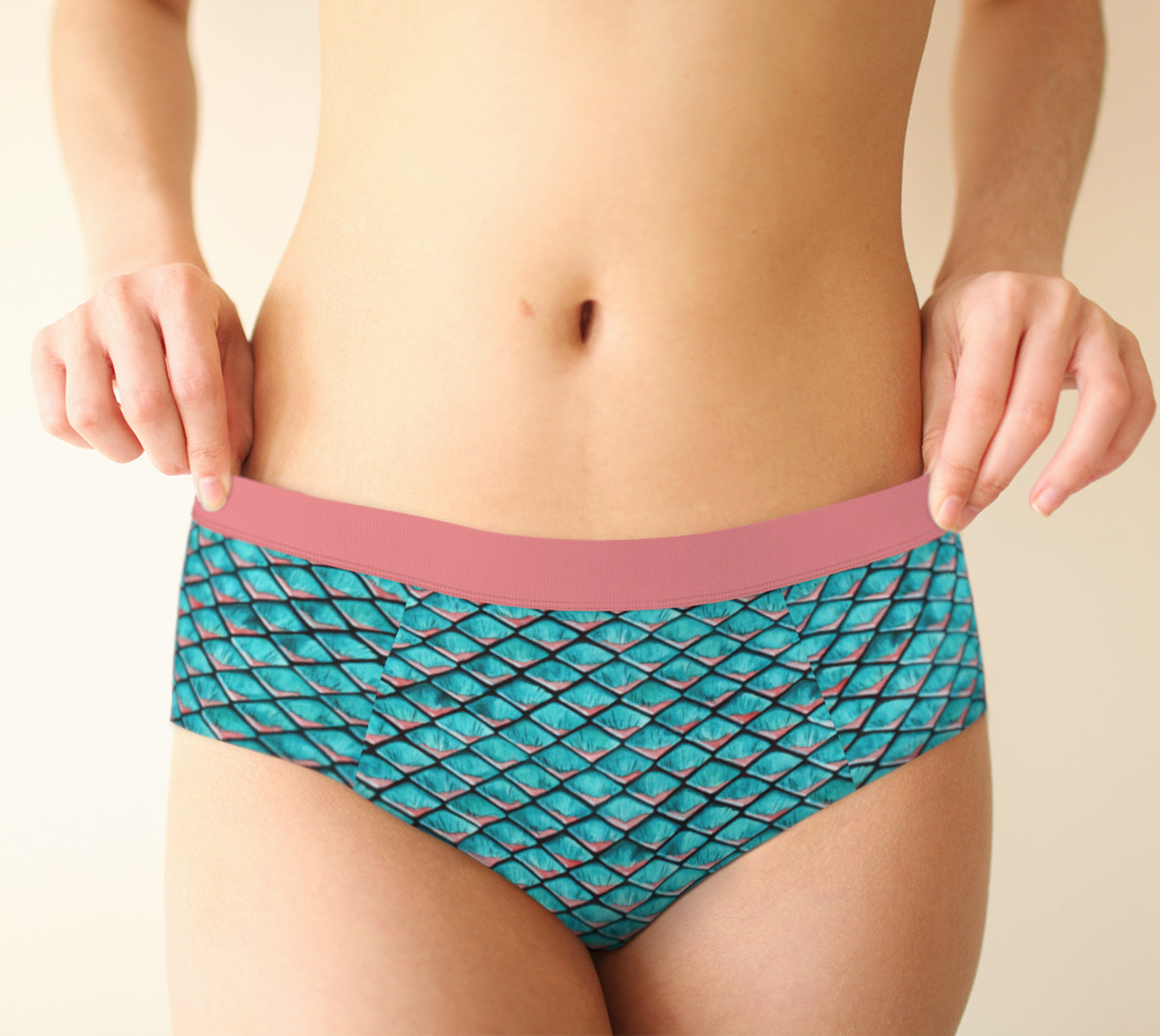 Teal blue and coral pink arapaima mermaid scales pattern Cheeky Brief 3D preview