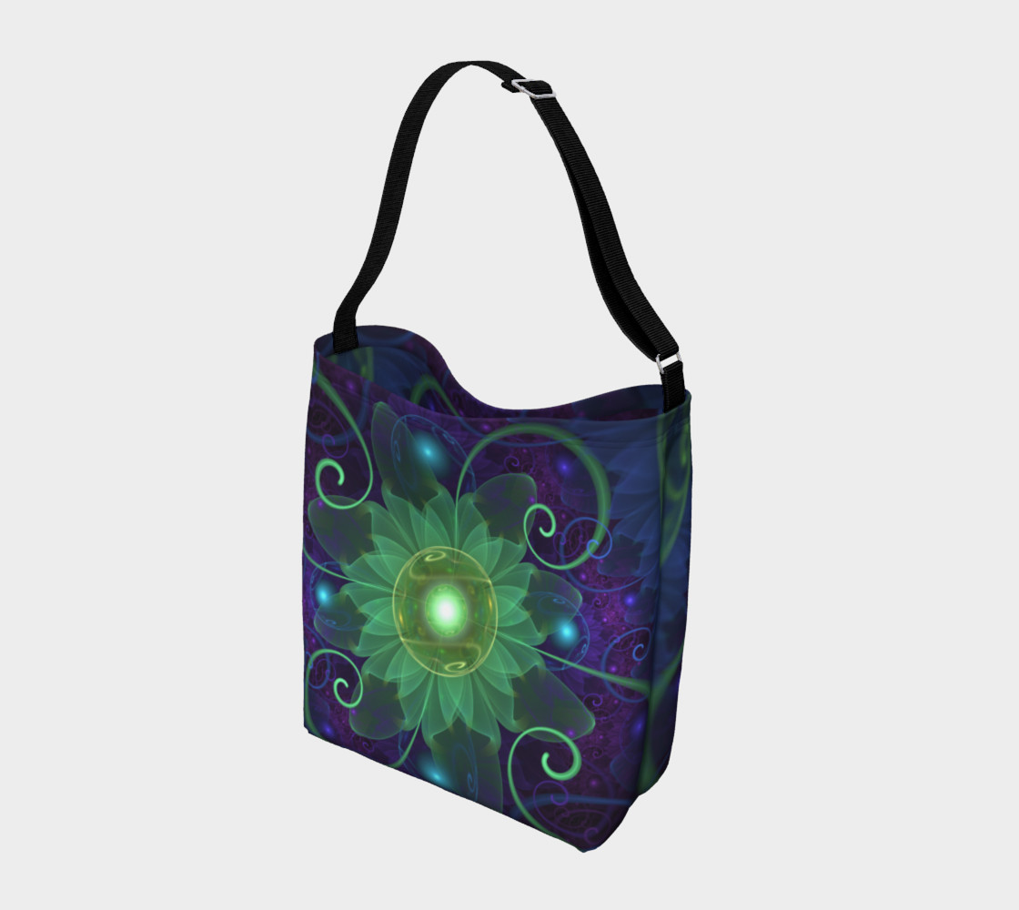 Aperçu de Shoulder Tote Bag with a Glowing Blue-Green Fractal Lotus Lily Pad Pond #2