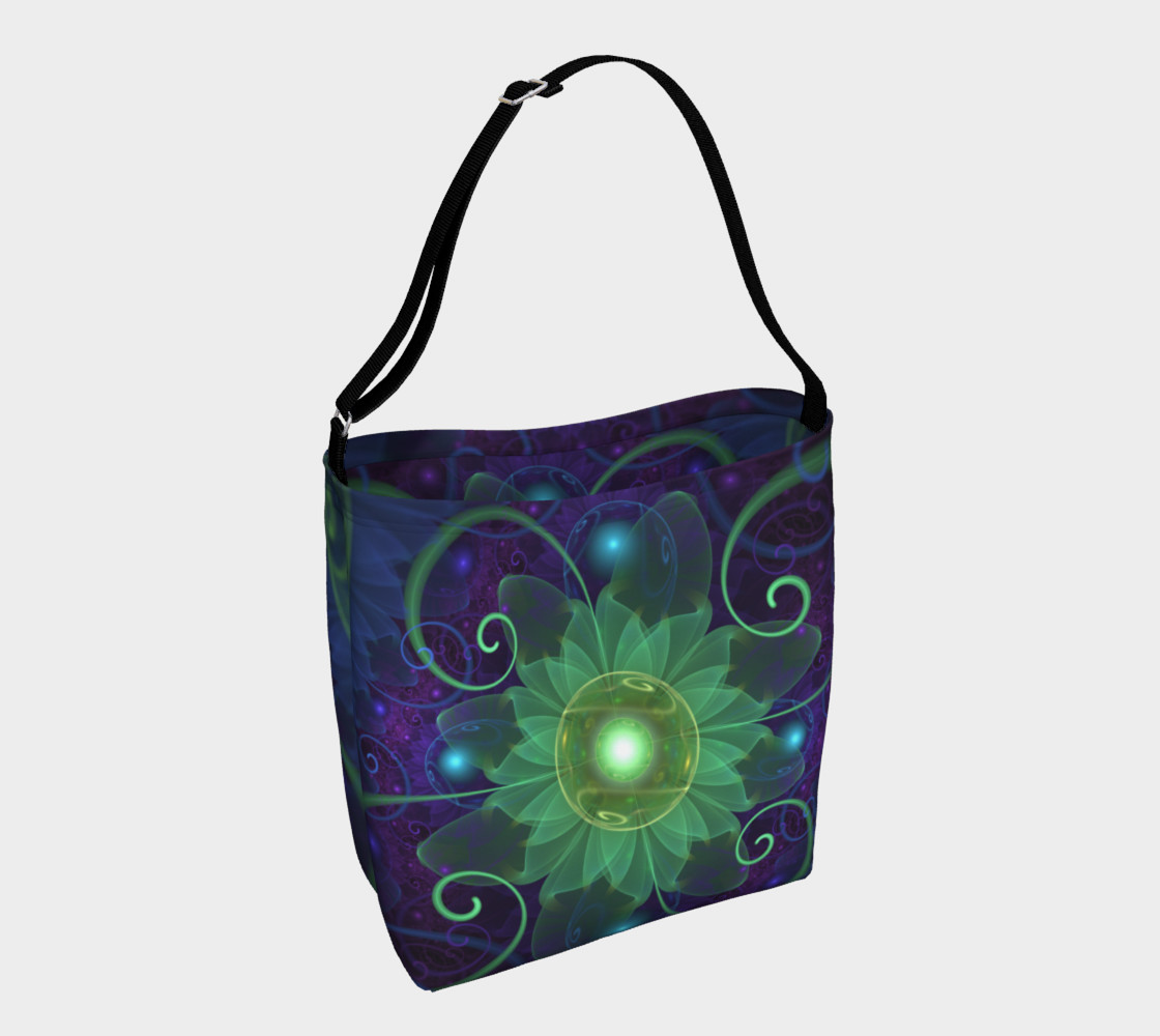 Aperçu de Shoulder Tote Bag with a Glowing Blue-Green Fractal Lotus Lily Pad Pond #1