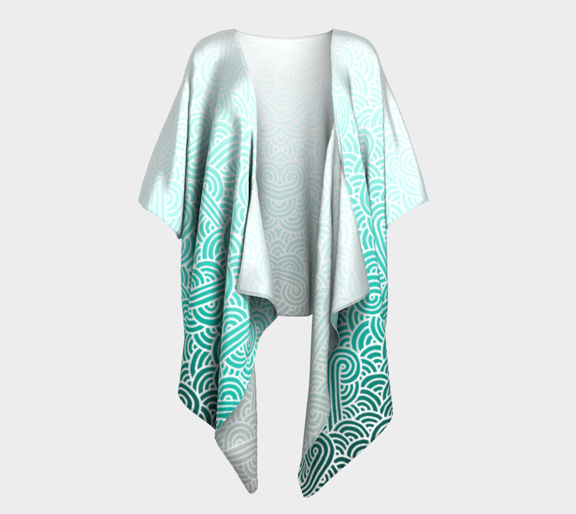 Ombre turquoise blue and white swirls doodles Draped Kimono preview #1