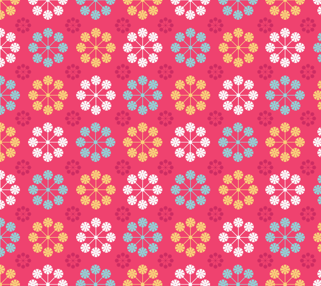 Retro Mod Flowers on Pink Background, Retro Colors, Orange, Aqua, White, Pink Miniature #1