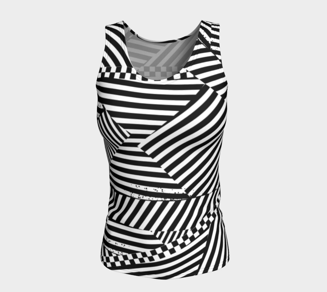 Aperçu de Black White Stripes Checkerboard Patchwork Fitted Tank Top #5