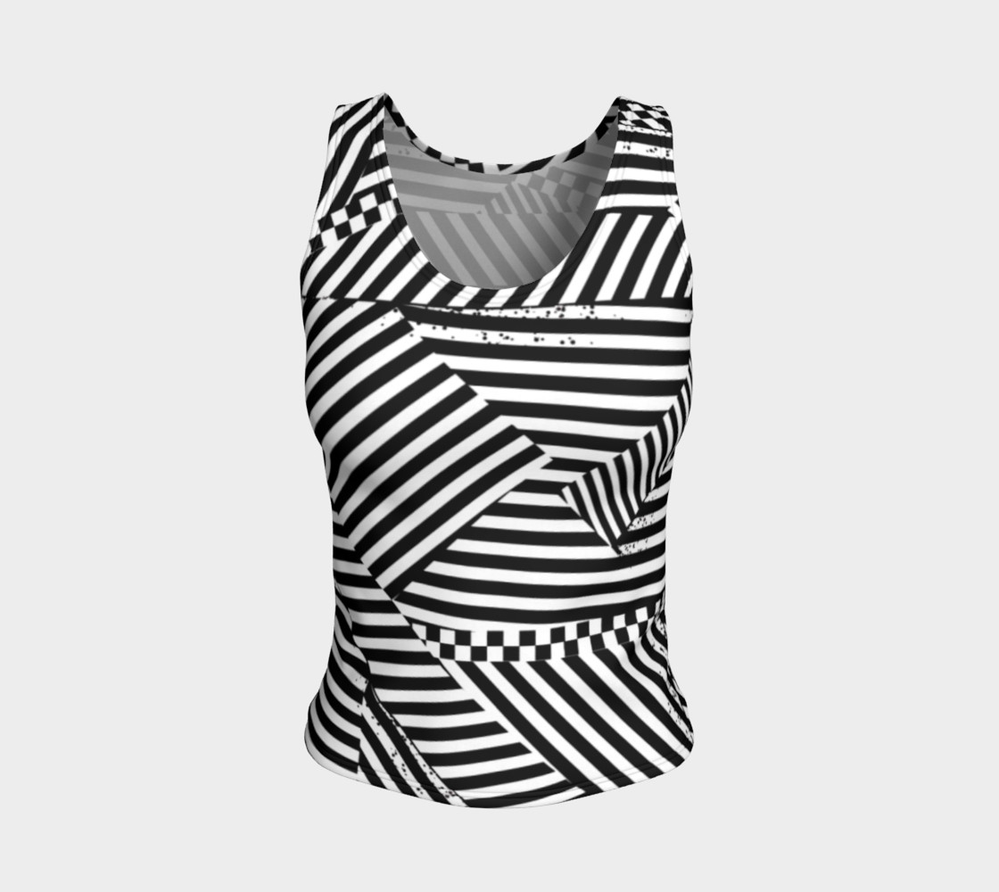 Aperçu de Black White Stripes Checkerboard Patchwork Fitted Tank Top #1