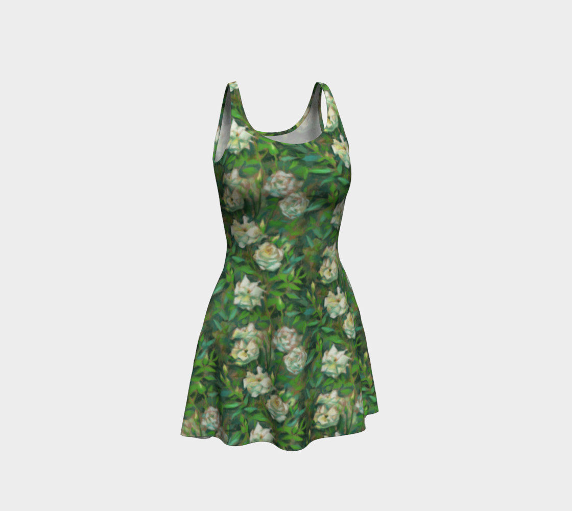 White Roses Green Leaves Flare Dress 3D preview
