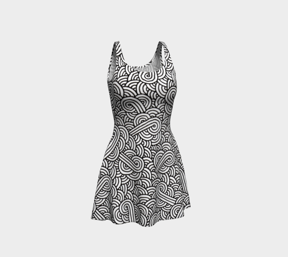 Black and white swirls doodles Flare Dress 3D preview