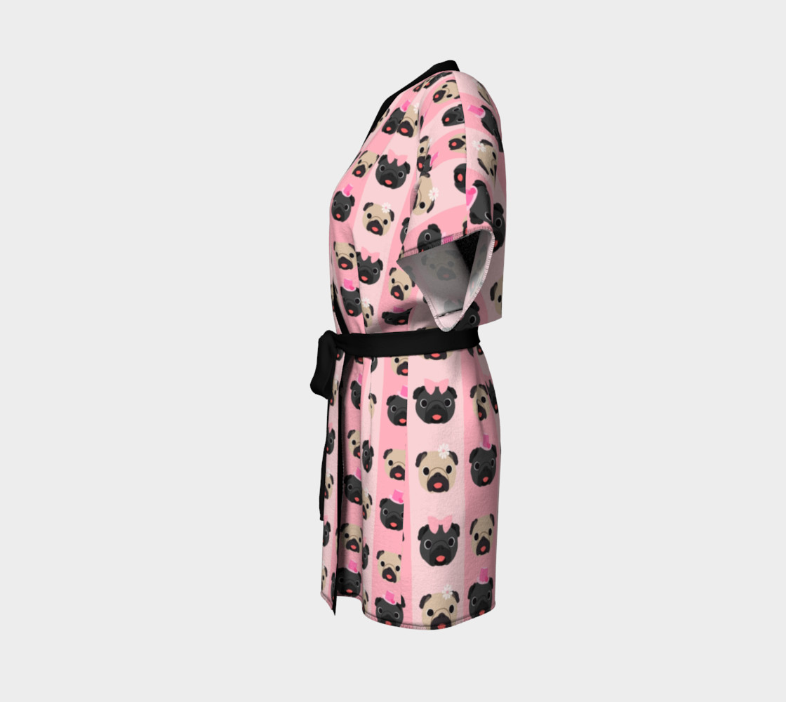 Pug Kimono - Black and Fawn Pugs on Pink Stripes preview #2