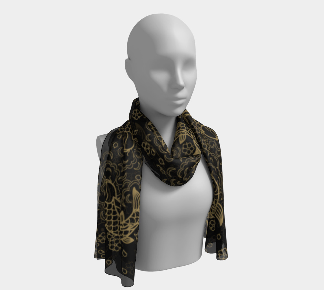 Gold Koi and Flowers on Black Background Long Scarf preview #1
