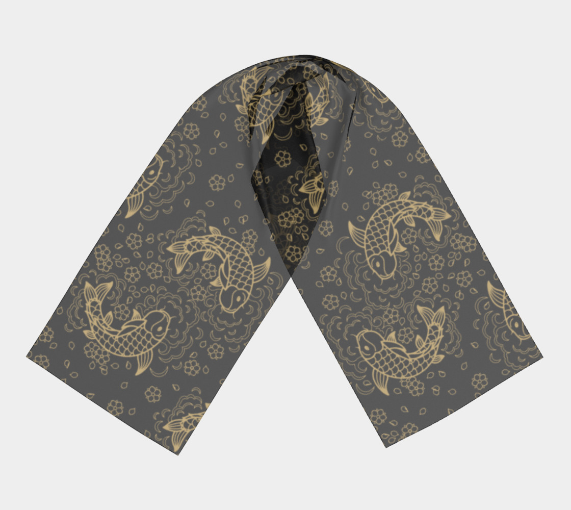 Gold Koi and Flowers on Black Background Long Scarf preview #3