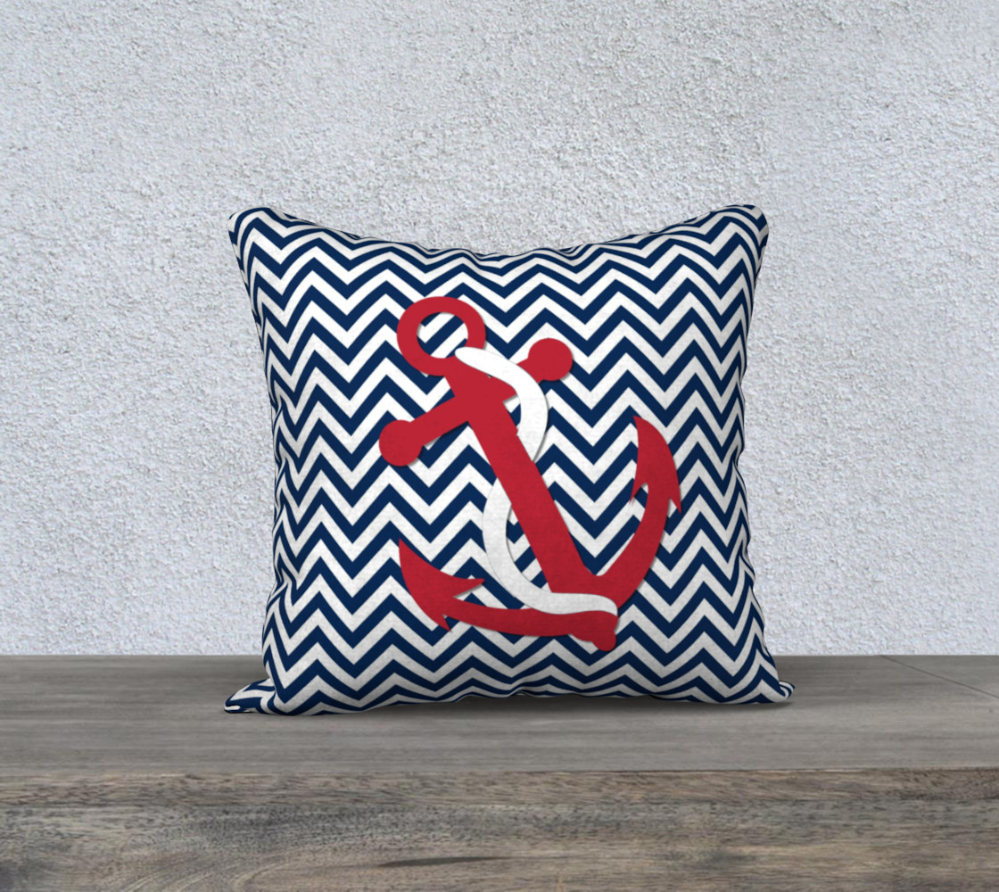 Anchor Pillow - Red Anchor on Blue and White Chevron preview #1