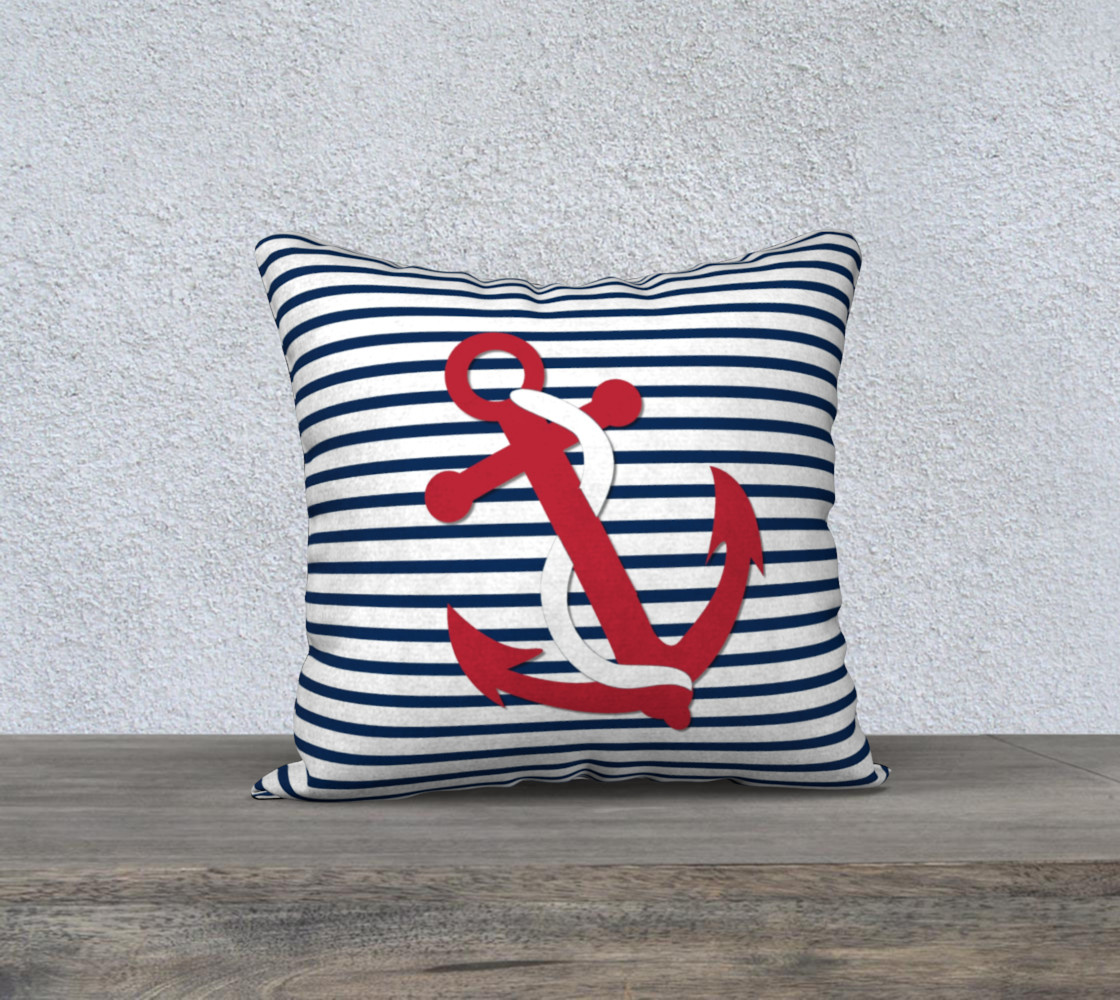 Anchor Pillow - Red Anchor on Blue and White Stripes preview #1