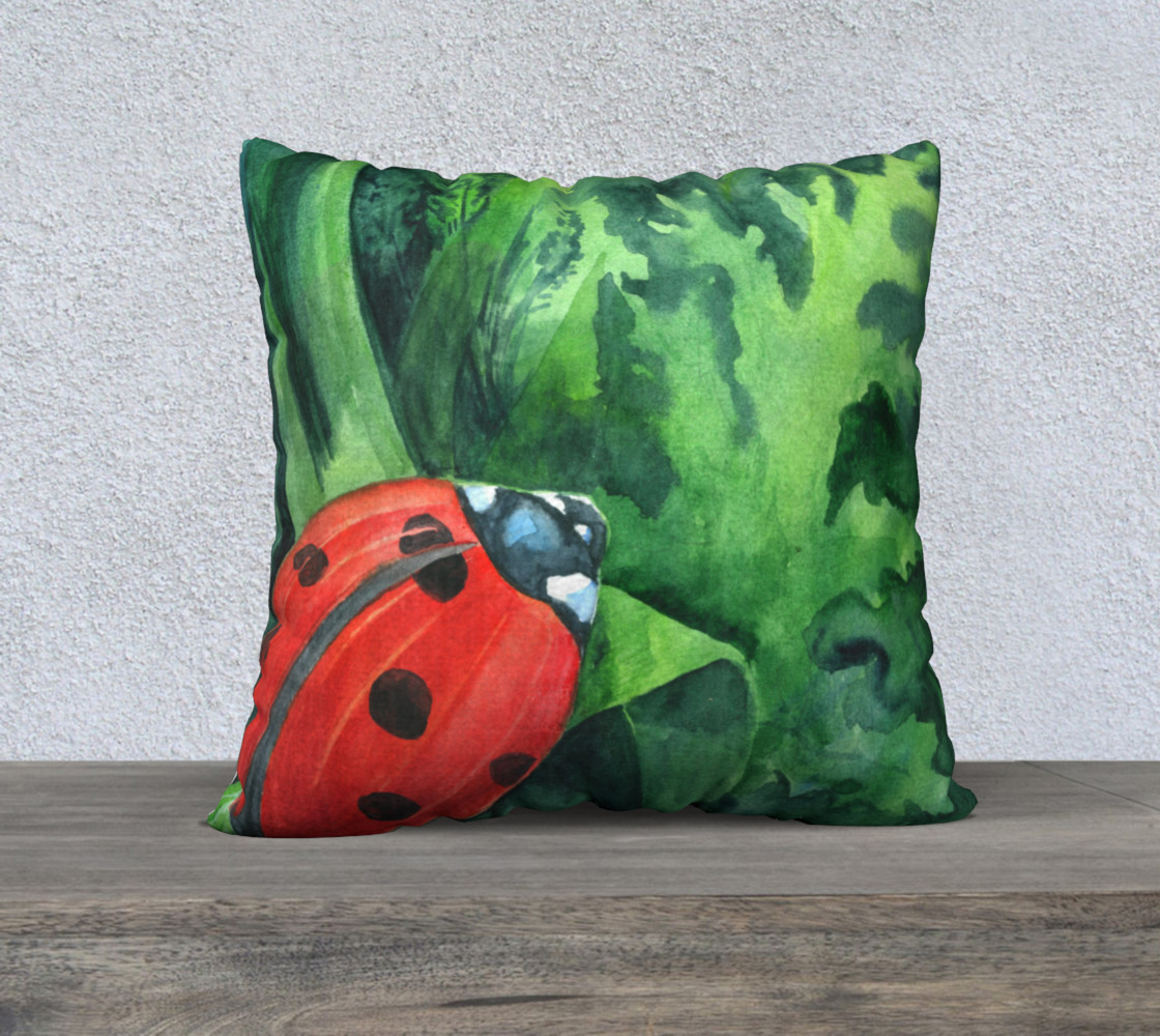 Aperçu de Red ladybird, green grass and leaves, watercolor background #1